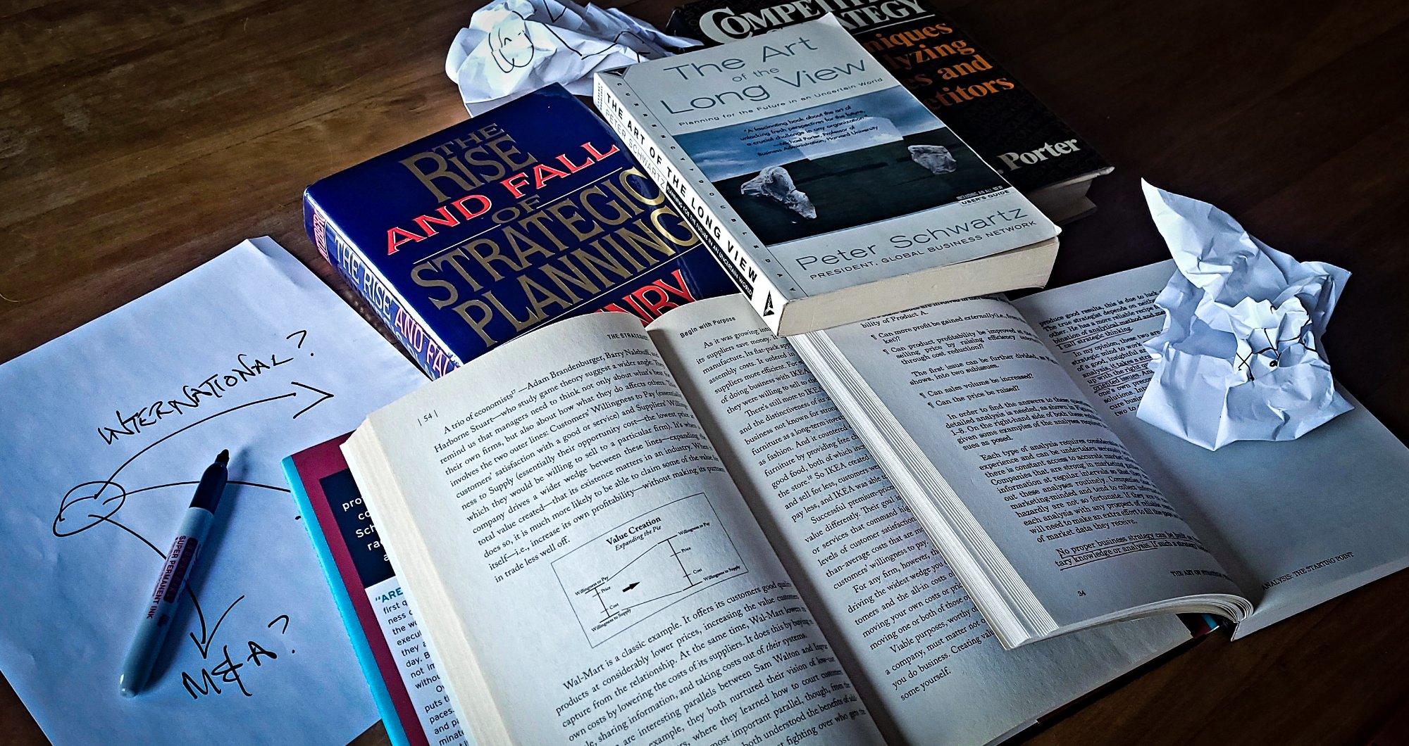 Strategy books and notes on a desk